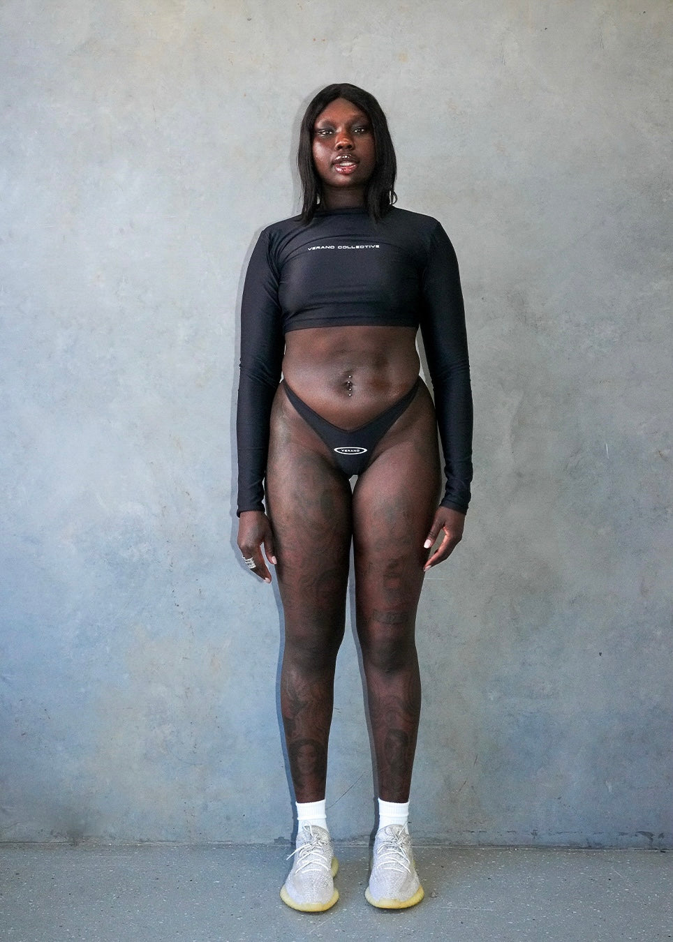 black cropped long sleeve swim top